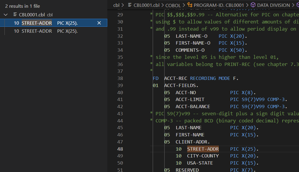 图3. 查找所有引用列出了代码中对 STREET-ADDR 变量的所有引用。