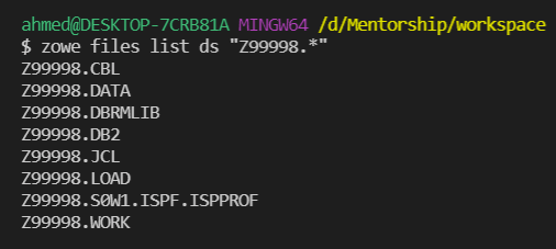 图 5. 示例 Zowe CLI zos-files list ds 命令