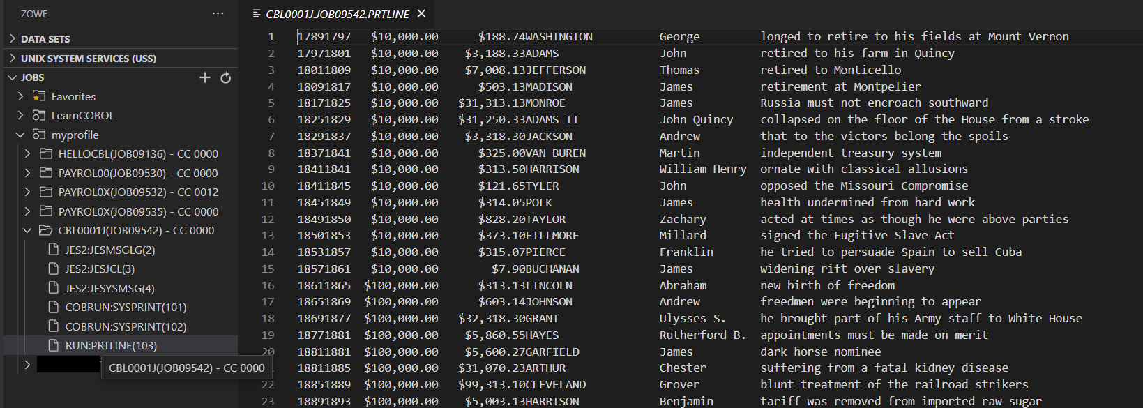 Figure 9. RUN:PRTLINE(103) for JCL(CBL0001J)