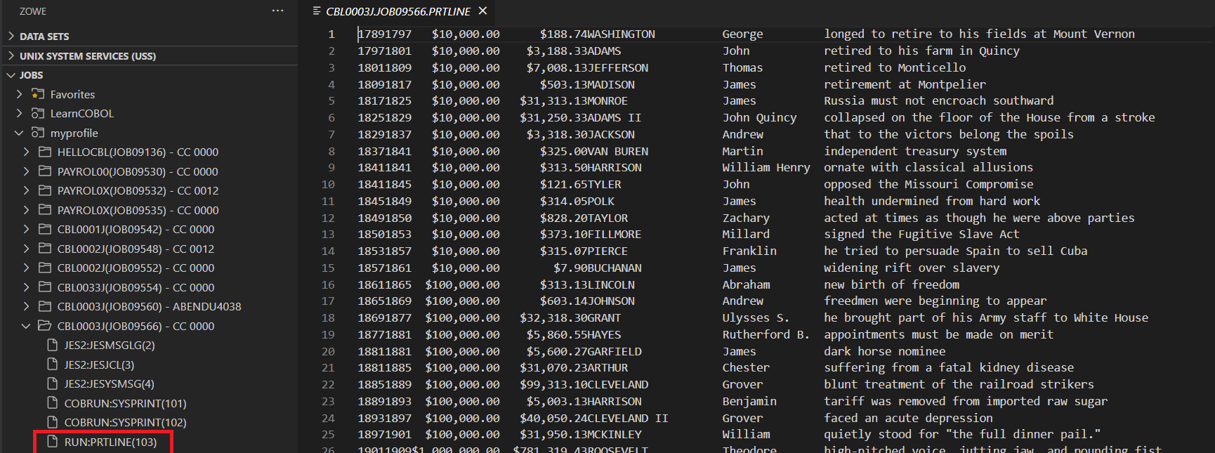 Figure 12. RUN:PRTLINE(103) for JCL(CBL0003J)